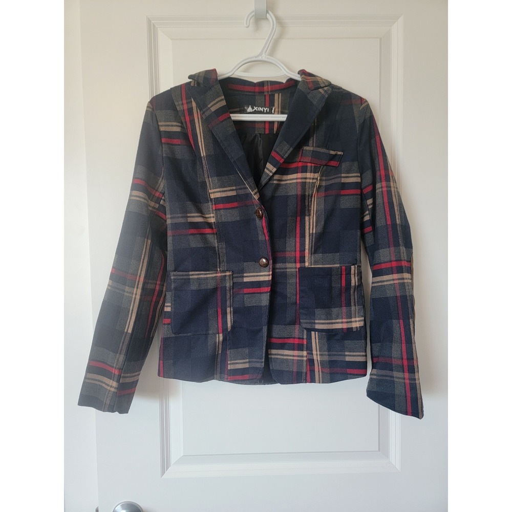 XINYI Women Navy Blue Red Plaid Blazer Jacket with Elbow Patches Size M